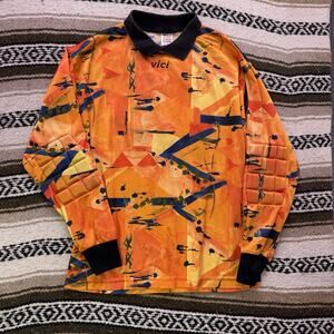 Men's Vintage 90's Adidas Vici Goal Keeper Orange All Over Print Jersey Kit Sz S